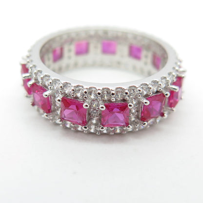 925 Sterling Silver Lab-Created Pink Sapphire & C Z Eternity Ring Size 5.5