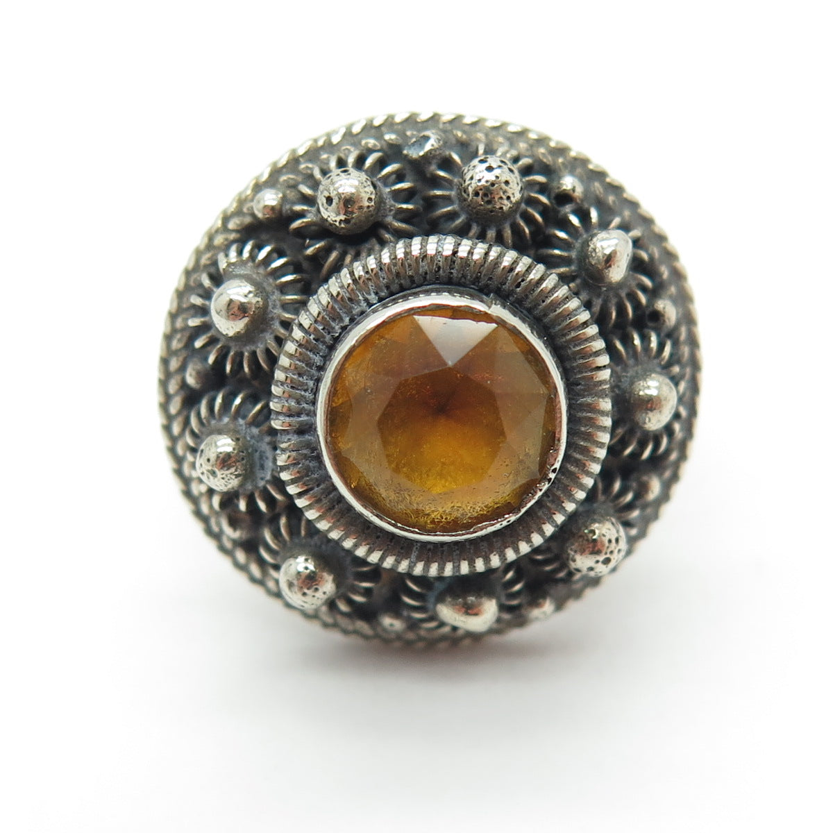 925 Sterling Silver Antique Siam Citrine Cannetille Adjustable Ring Size 6.5