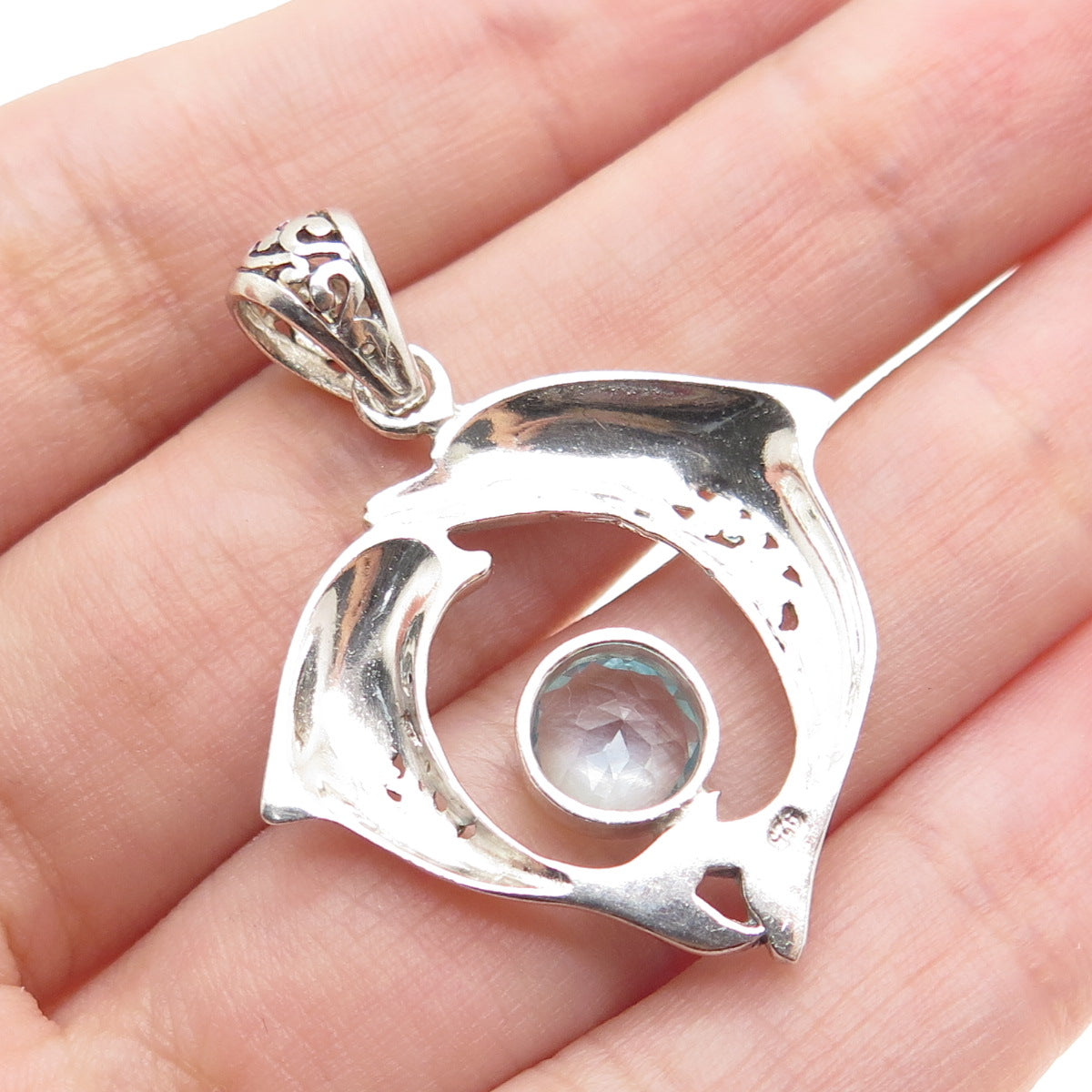 925 Sterling Silver Vintage Real Blue Topaz Mom & Child Dolphin Charm Pendant