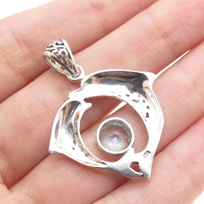 925 Sterling Silver Vintage Real Blue Topaz Mom & Child Dolphin Charm Pendant