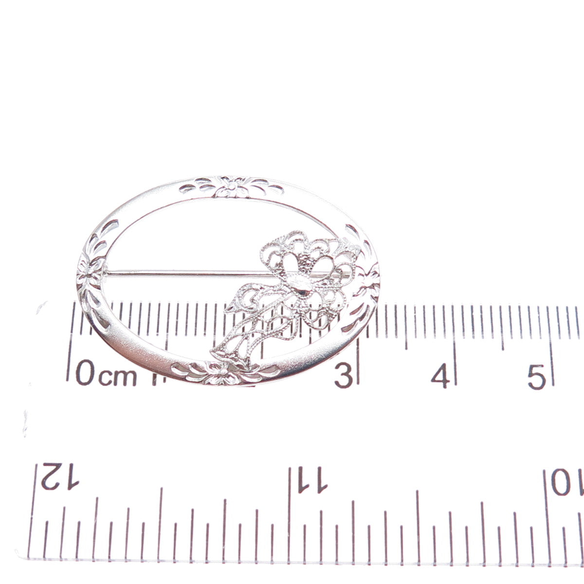 925 Sterling Silver Vintage Flower & Bow Oval Pin Brooch