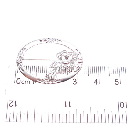925 Sterling Silver Vintage Flower & Bow Oval Pin Brooch