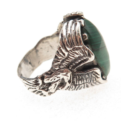 925 Sterling Silver Vintage Real Malachite Eagle Oxidized Ring Size 11