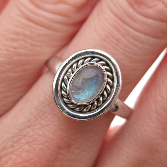 925 Sterling Silver Vintage Real Moonstone Oxidized Ring Size 7.25