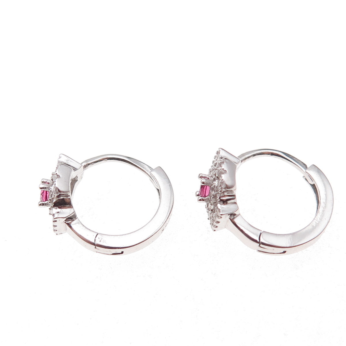 925 Sterling Silver Pink & White C Z Cross Hoop Earrings