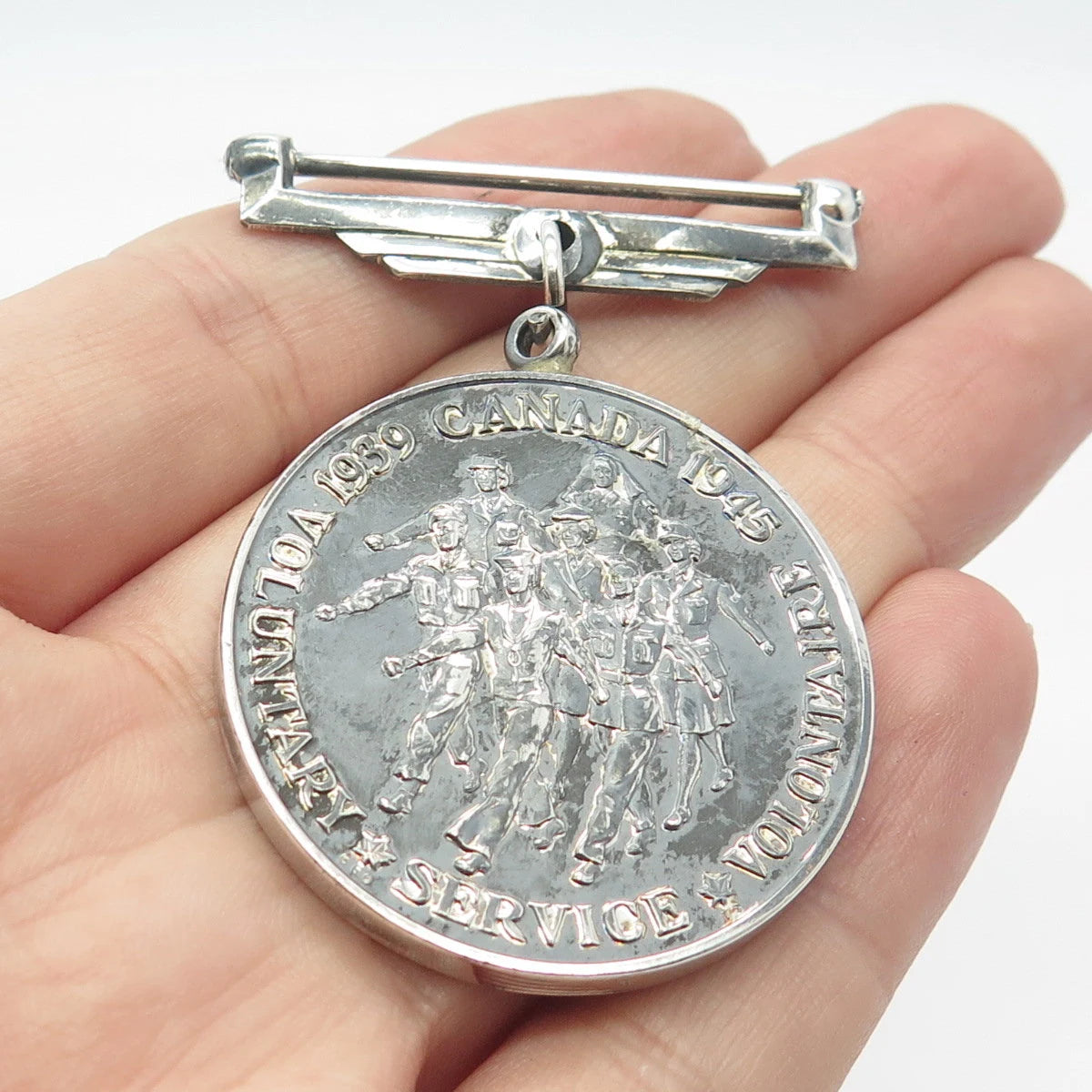 925 Sterling Silver Vintage Canada 1939 1945 Voluntary Service Coin Pin Brooch