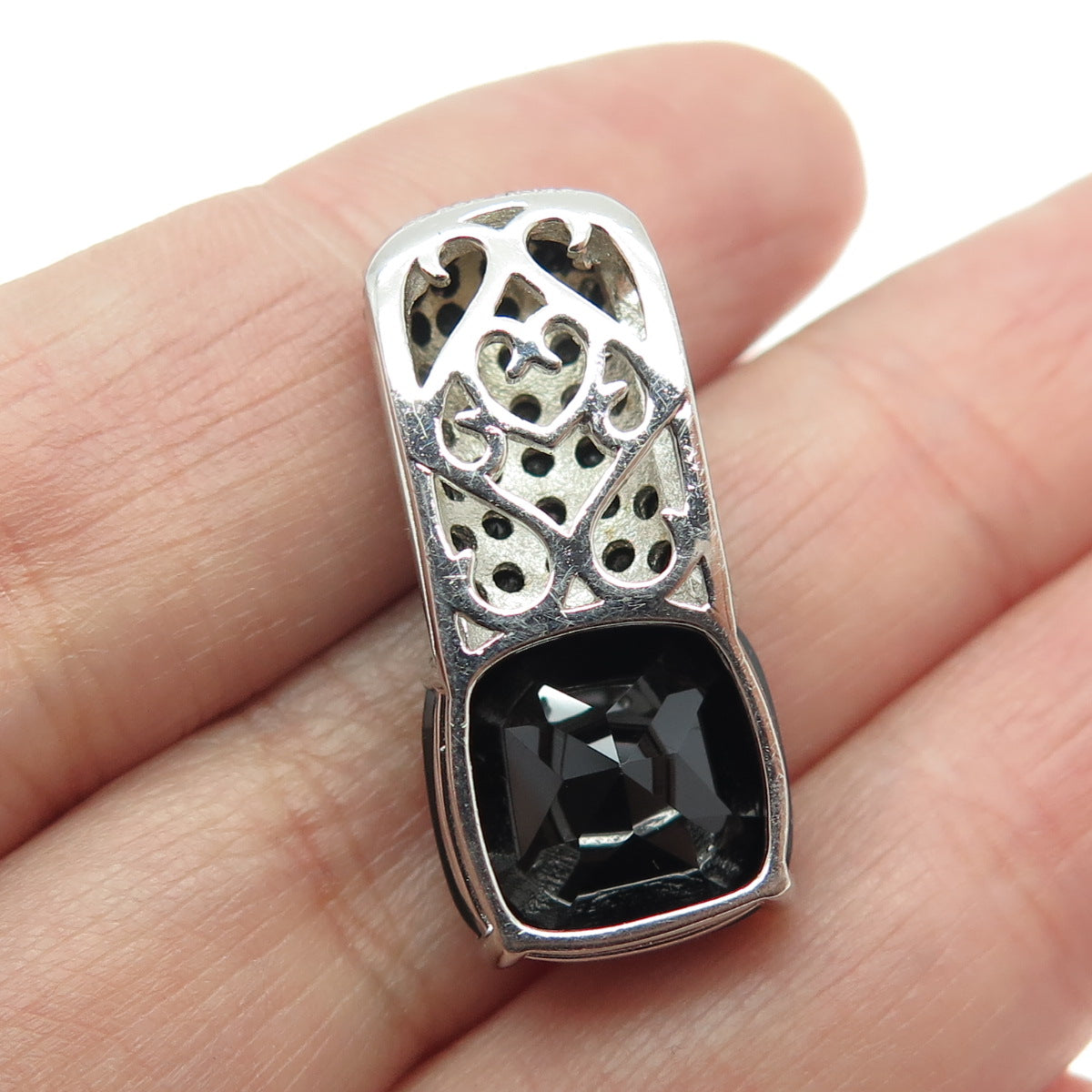 925 Sterling Silver Real Round & Cushion-Cut Black Spinel Slide Pendant