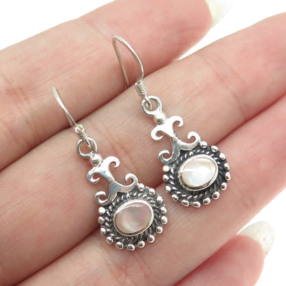 925 Sterling Silver Vintage Real Mother-of-Pearl Boho Dangle Hook Earrings