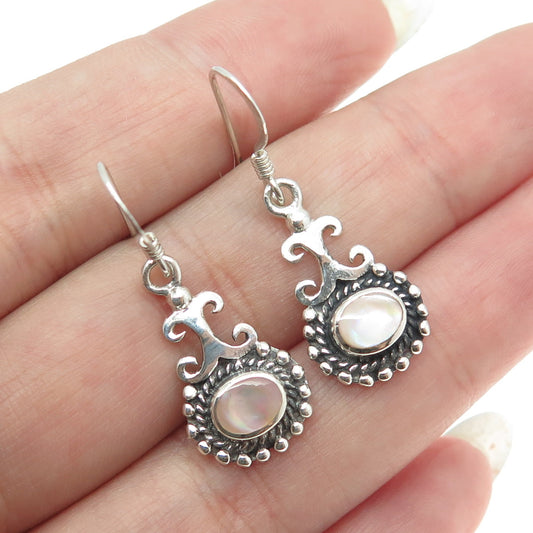 925 Sterling Silver Vintage Real Mother-of-Pearl Boho Dangle Hook Earrings