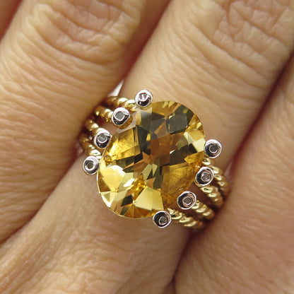 925 Sterling Silver Gold Plated Real Diamond & Citrine Gem Twisted Ring Size 7