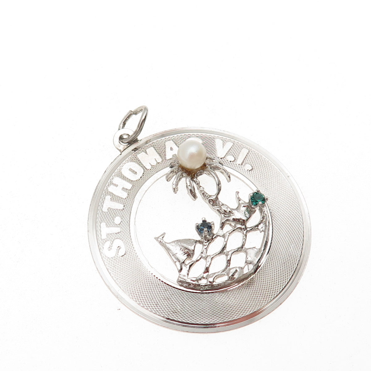 925 Sterling Silver Vintage Real Pearl & Rhinestone St. Thomas VI Charm Pendant