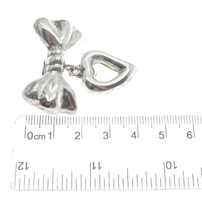 925 Sterling Silver Vintage Mexico Bow Open Heart Dangle Oxidized Brooch/Pendant