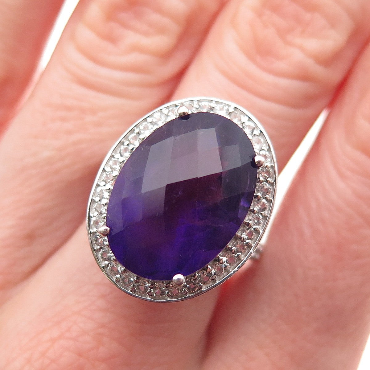 SAM 925 Sterling Silver Real Amethyst & White Topaz Ring Size 7