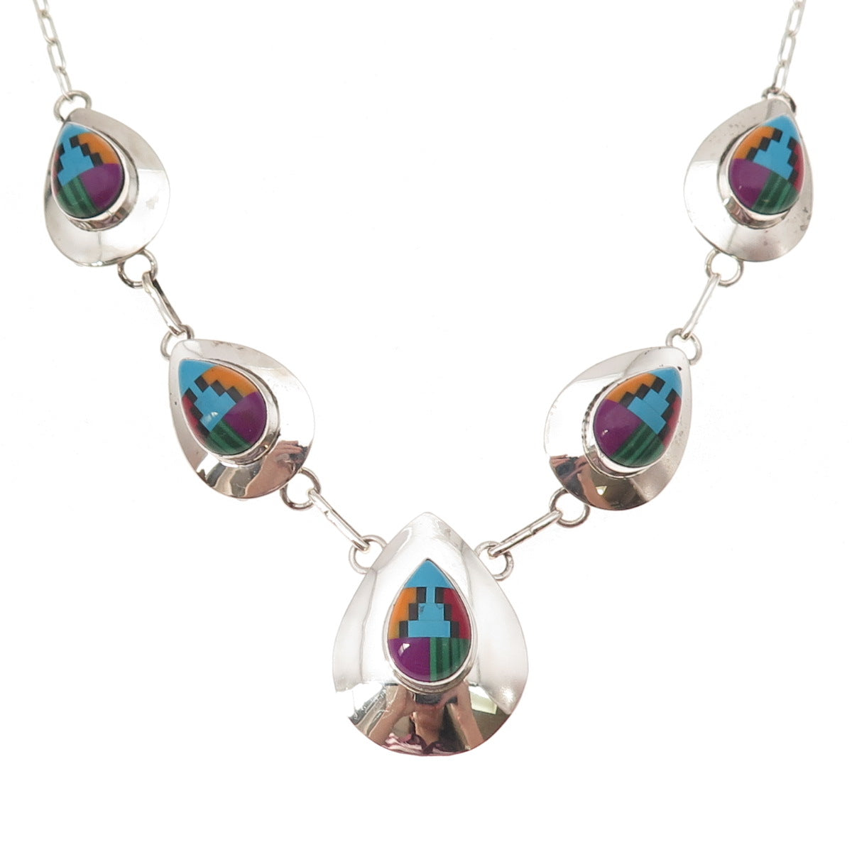 Old Pawn 925 Sterling Silver Vintage RWJ Zuni Multi-Gem Chain Necklace 20"