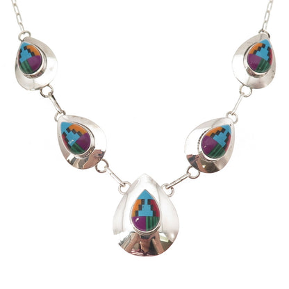 Old Pawn 925 Sterling Silver Vintage RWJ Zuni Multi-Gem Chain Necklace 20"