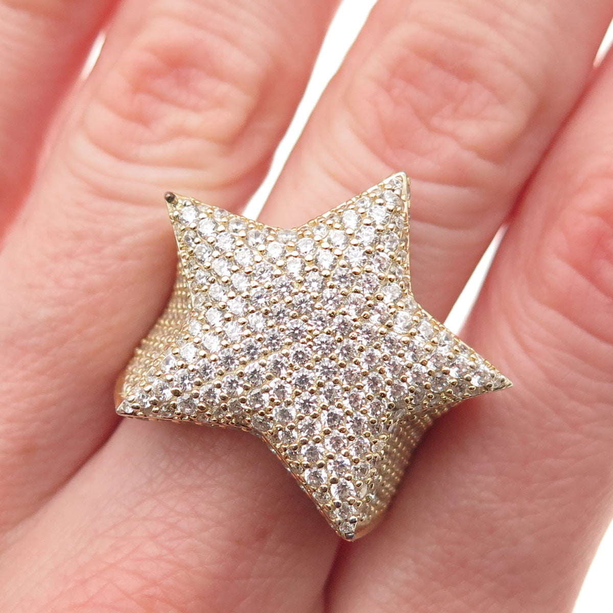 925 Sterling Silver Gold Plated Round-Cut C Z Star Statement Ring Size 7