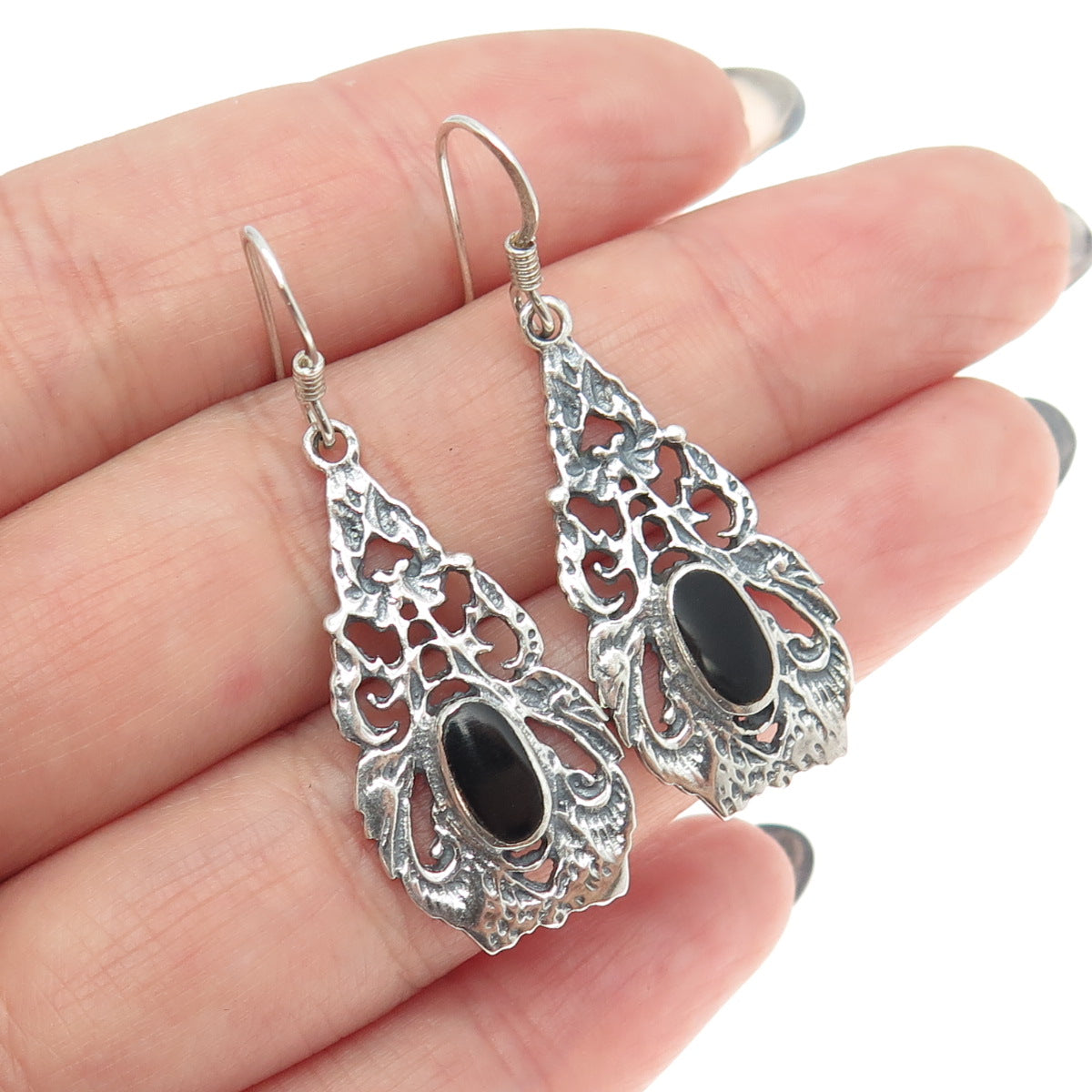 925 Sterling Silver Vintage Real Black Onyx Dangling Earrings