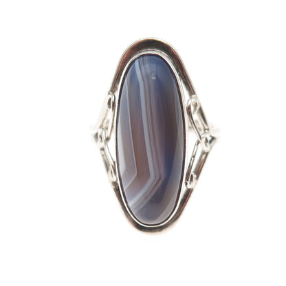925 Sterling Silver Vintage Real Lace Agate Oxidized Ring Size 6.25