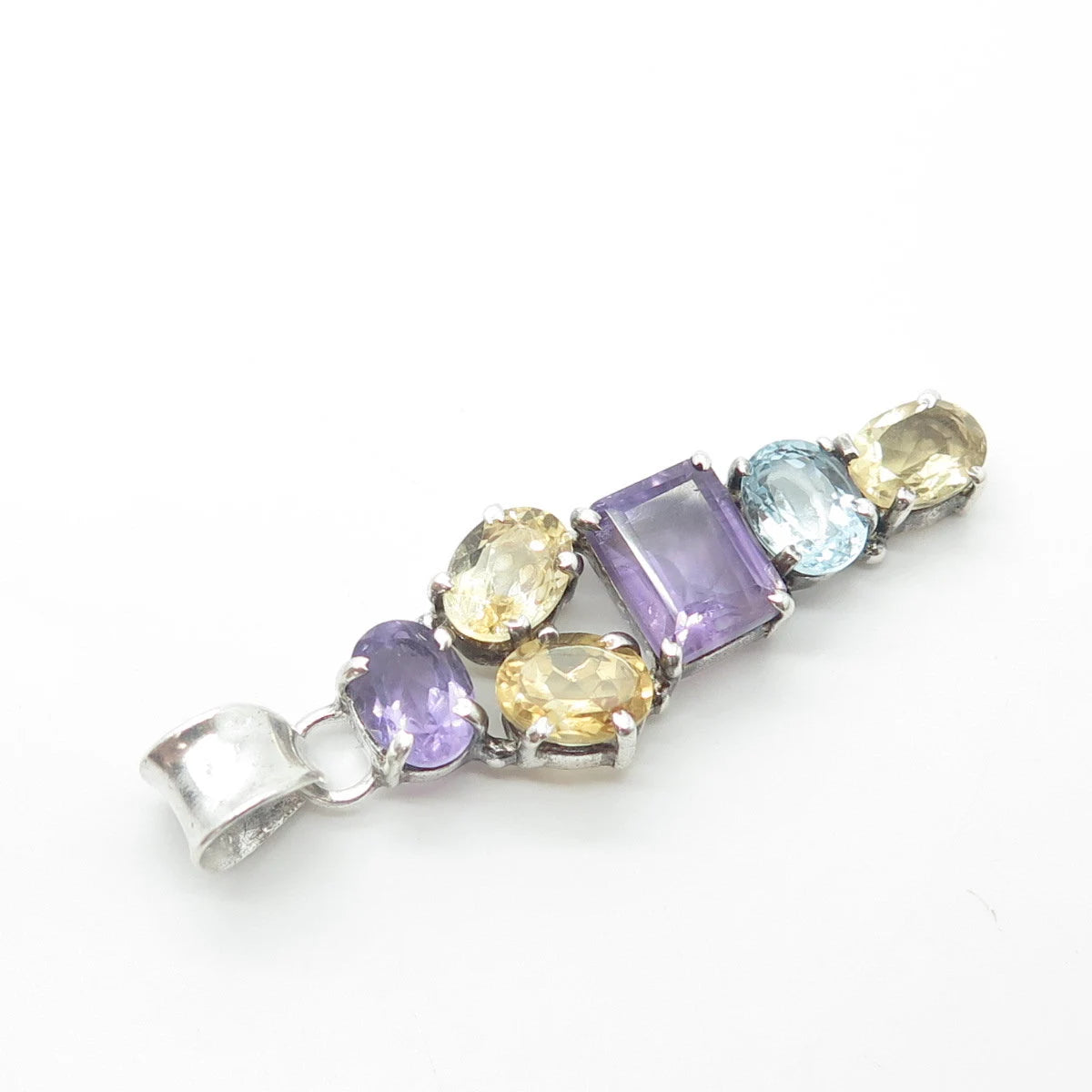 925 Sterling Silver Vintage Real Citrine & Amethyst & Blue Topaz Pendant