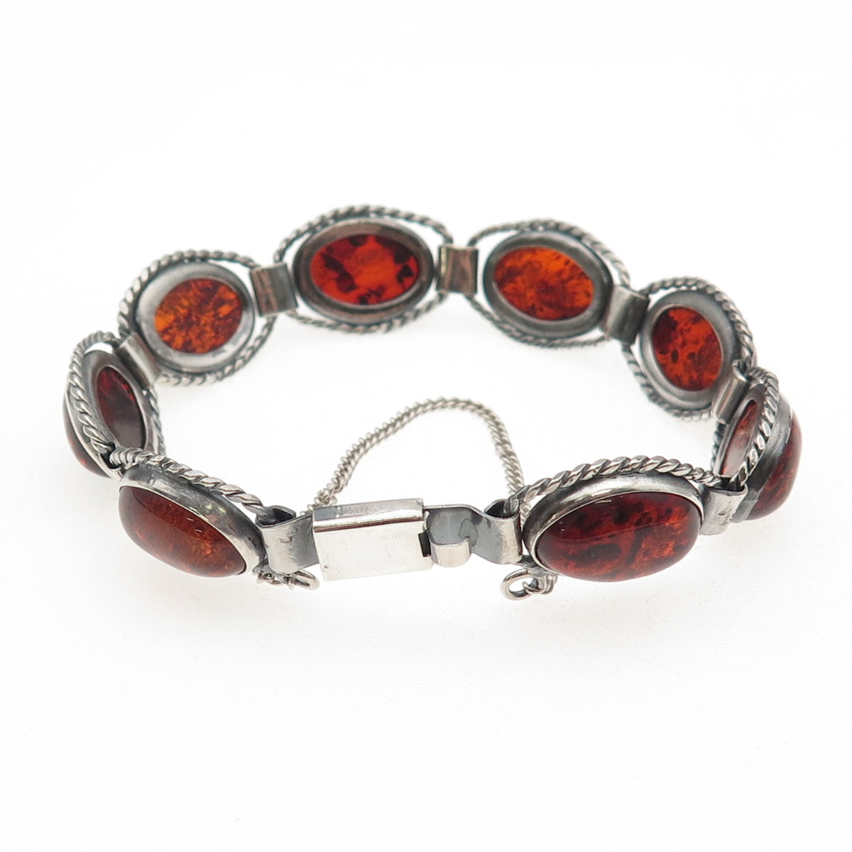 925 Sterling Silver Vintage Real Cabochon Amber Oxidized Bracelet 6.75"
