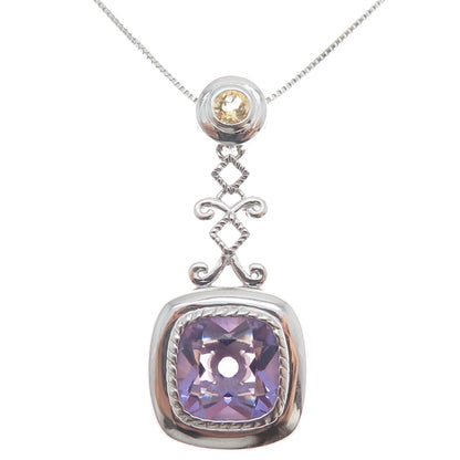 925 Sterling Silver Real Amethyst & Citrine Box Chain Necklace 18"