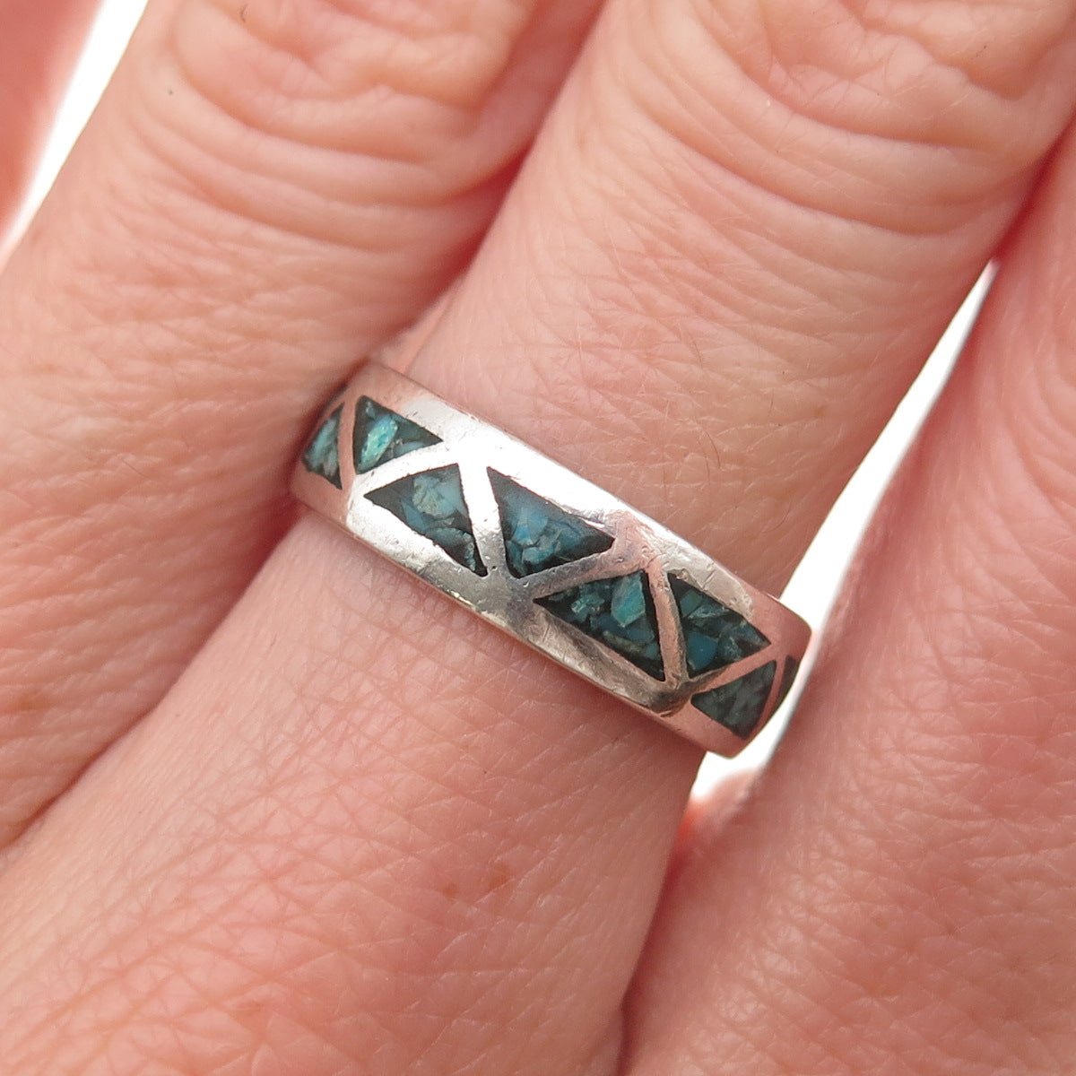 Old Pawn 925 Sterling Silver Vintage Turquoise Inlay Tribal Band Ring Size 6.5