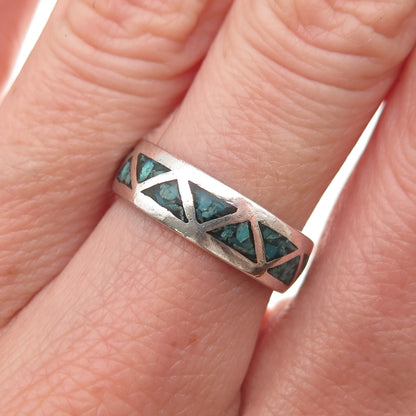 Old Pawn 925 Sterling Silver Vintage Turquoise Inlay Tribal Band Ring Size 6.5