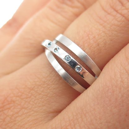 925 Sterling Silver Real Round-Cut Blue Topaz Interlocked Trinity Ring Size 7