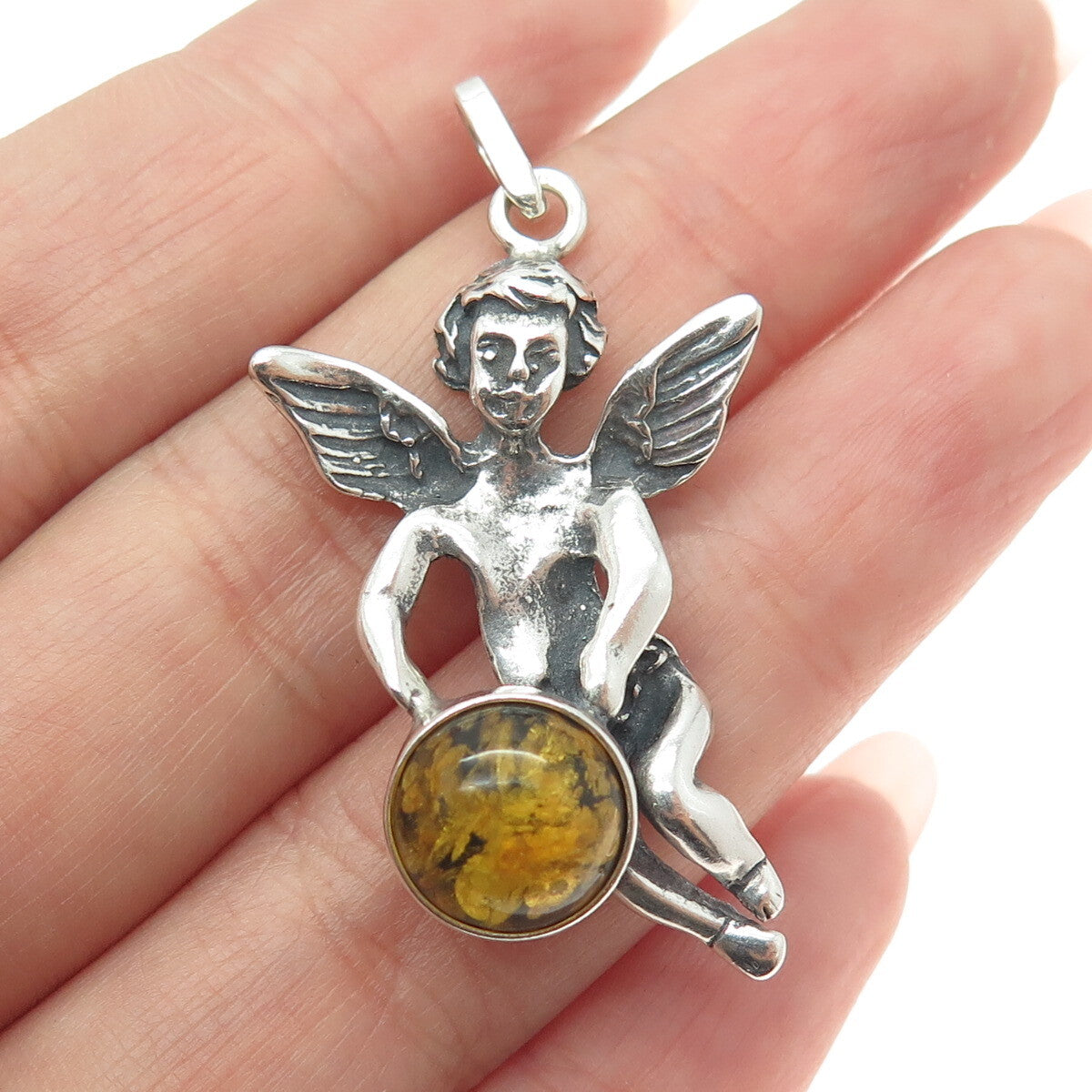 925 Sterling Silver Vintage Real Baltic Amber Angel Pendant