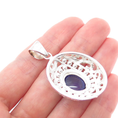 925 Sterling Silver Vintage Real Oval-Cut Amethyst Beaded Charm Pendant