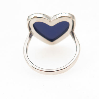 925 Sterling Silver Real Lapis & C Z Heart Ring Size 6.25