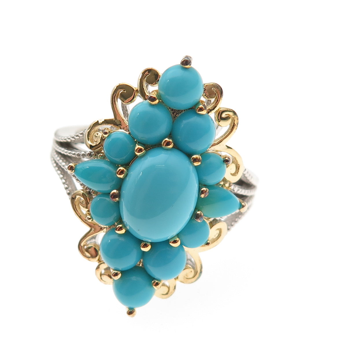 925 Sterling Silver 2-Tone Real Sleeping Beauty Turquoise Floral Ring Size 8.25