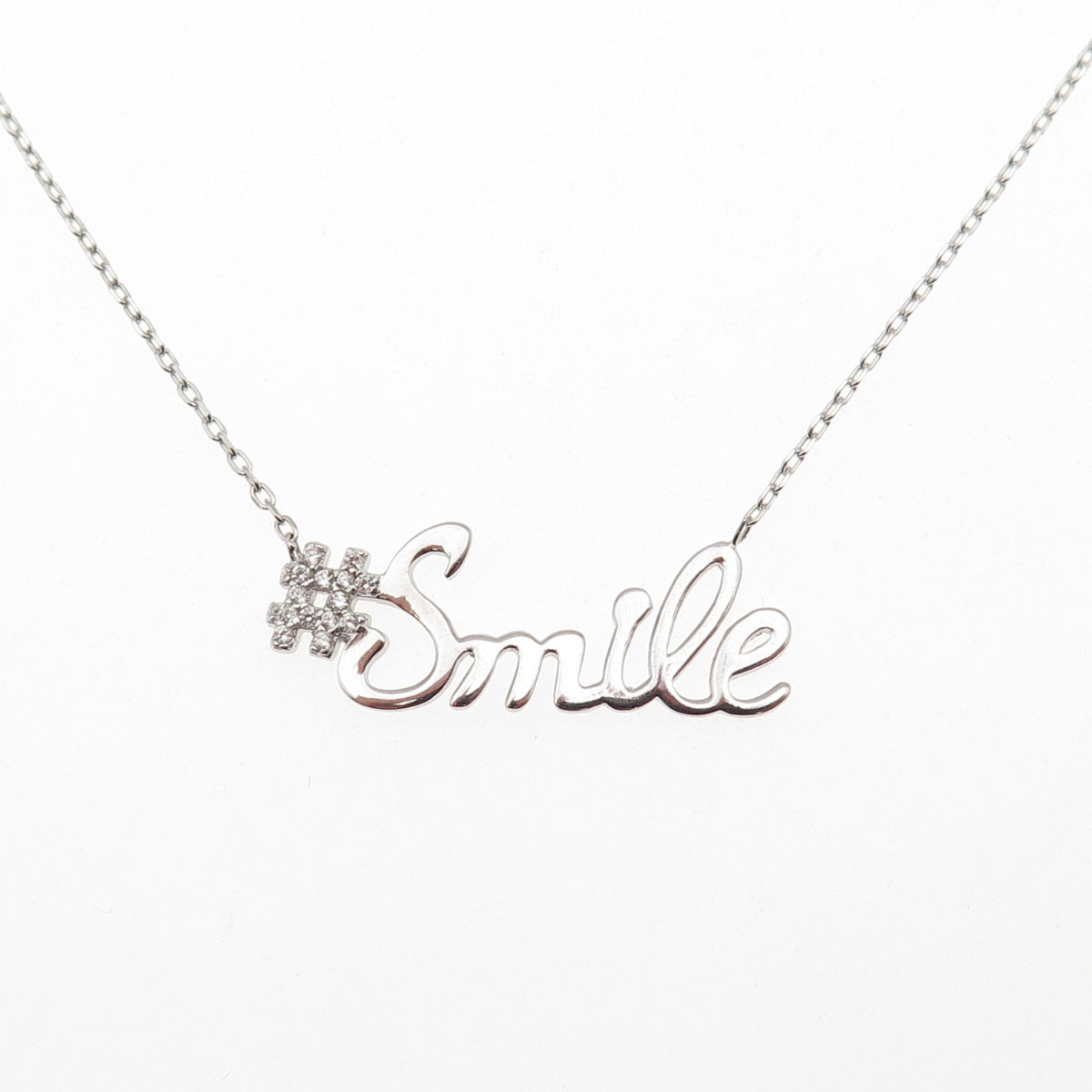 925 Sterling Silver Round-Cut C Z #Smile Cable Chain Necklace 16-18"