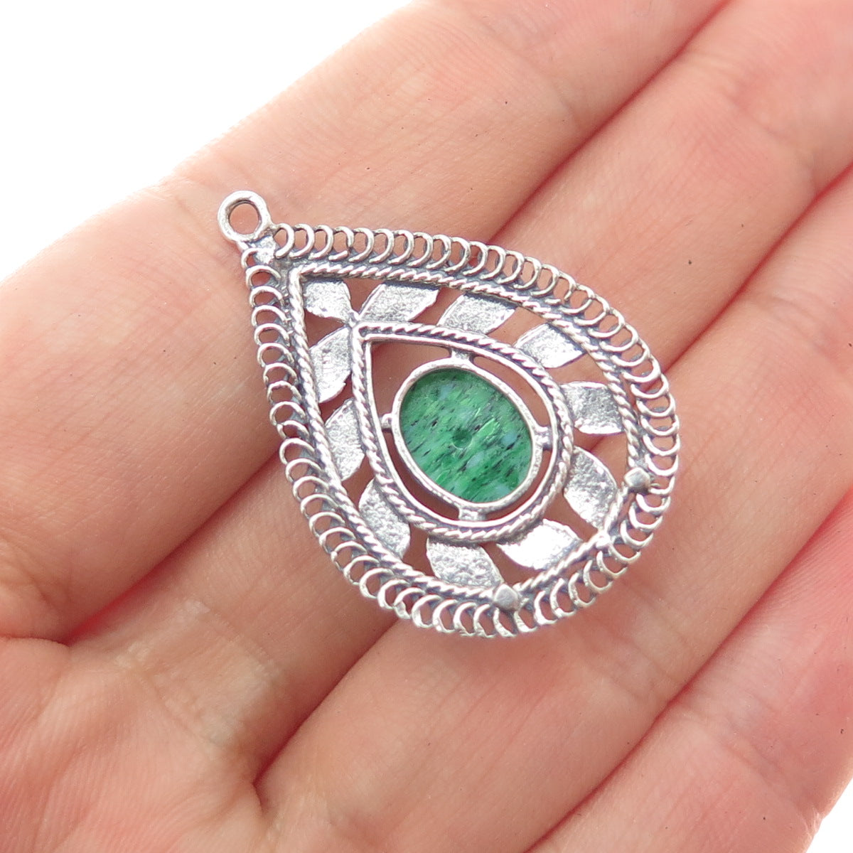 925 Sterling Silver Vintage Green Art Glass Floral Teardrop Charm Pendant