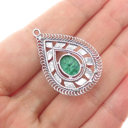 925 Sterling Silver Vintage Green Art Glass Floral Teardrop Charm Pendant