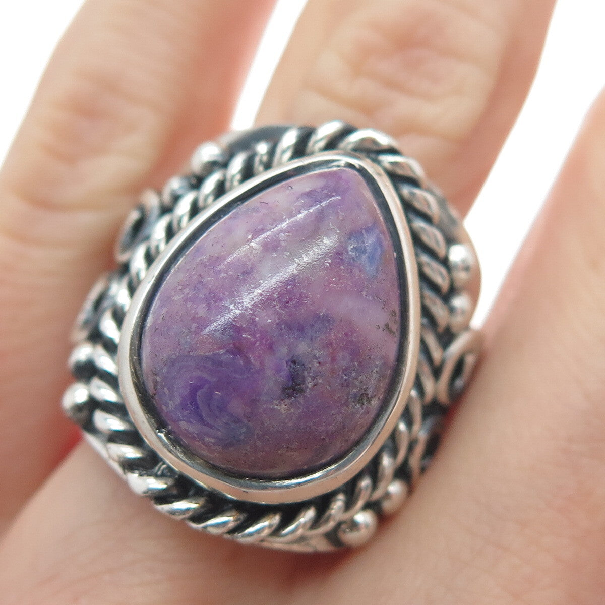 925 Sterling Silver Vintage Real Pear-Cut Sugilite Heart Oxidized Ring Size 8.5