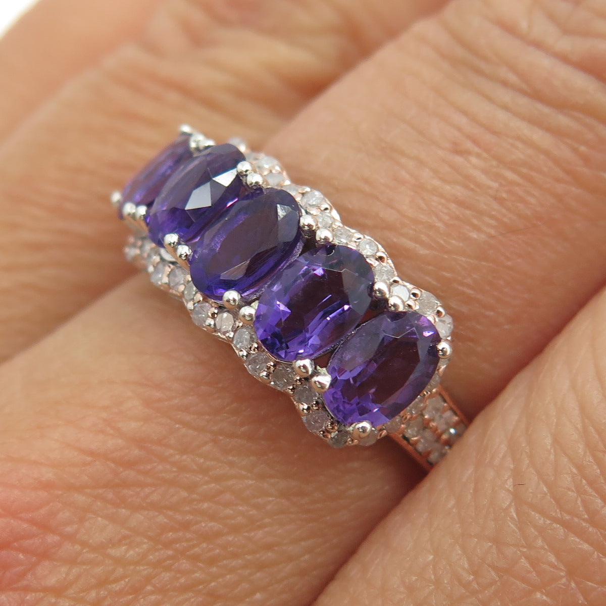 925 Sterling Silver 2-Tone Real Round-Cut Diamond & Amethyst Ring Size 7.25