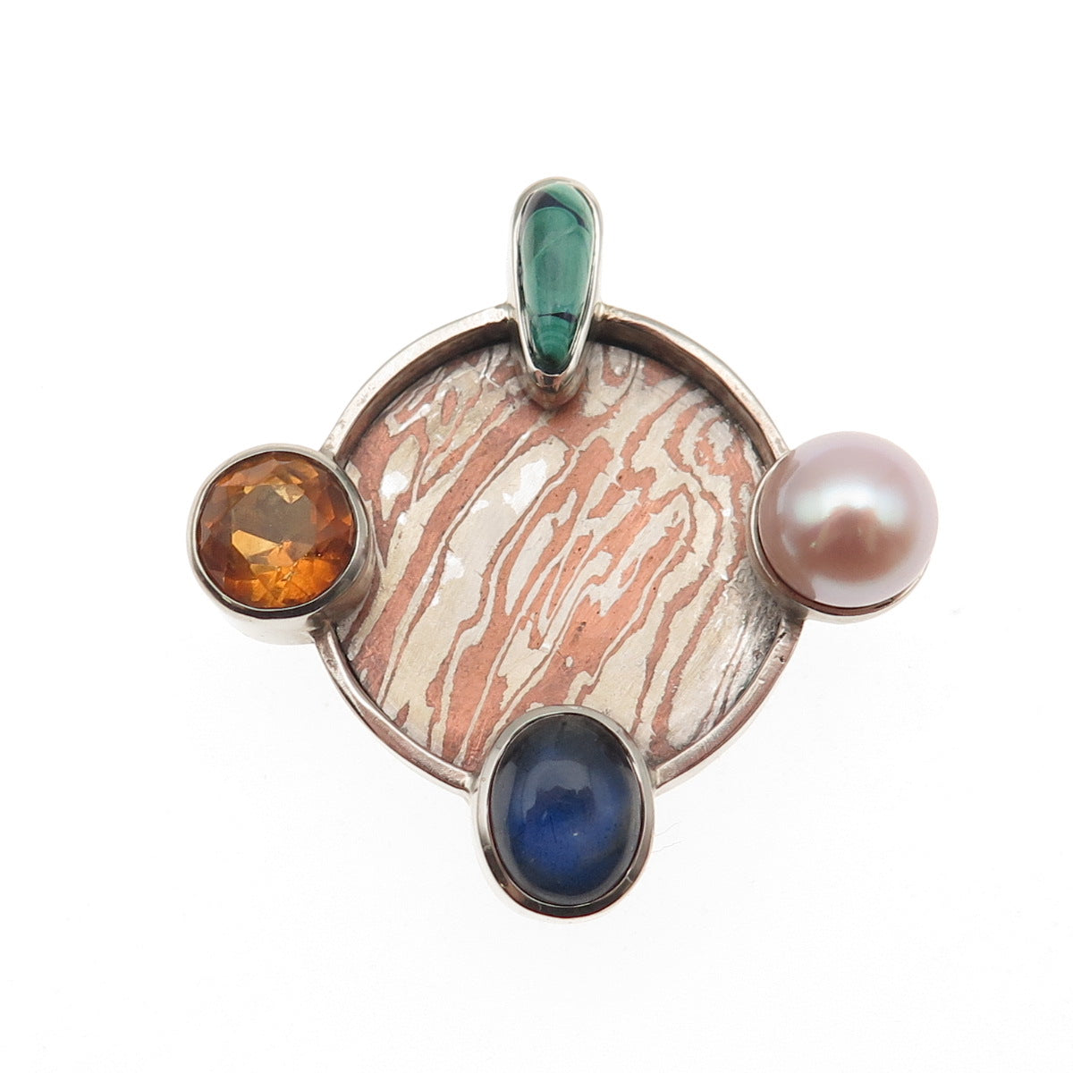 950 Silver 14K Gold Mokume Gane Vintage Real Pearl & Multi-Gem Slide Pendant