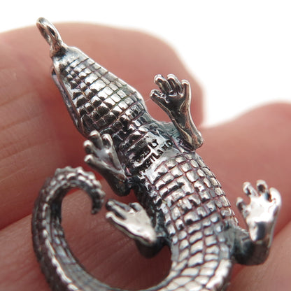 925 Sterling Silver Vintage Crocodile Oxidized 3D Charm Pendant