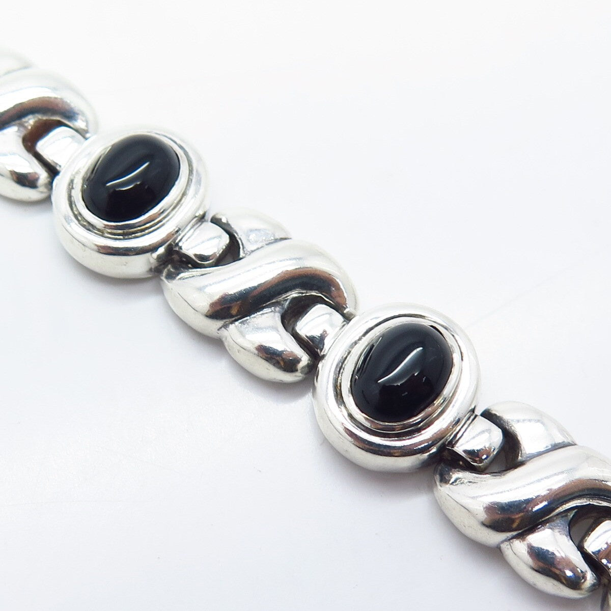 925 Sterling Silver Vintage Italy Real Black Onyx Gem XO Link Bracelet 7.75"