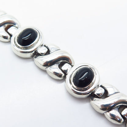 925 Sterling Silver Vintage Italy Real Black Onyx Gem XO Link Bracelet 7.75"