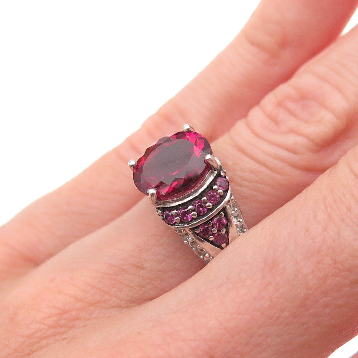 925 Sterling Silver Lab-Created Ruby Real White Topaz & Amethyst Ring Size 6