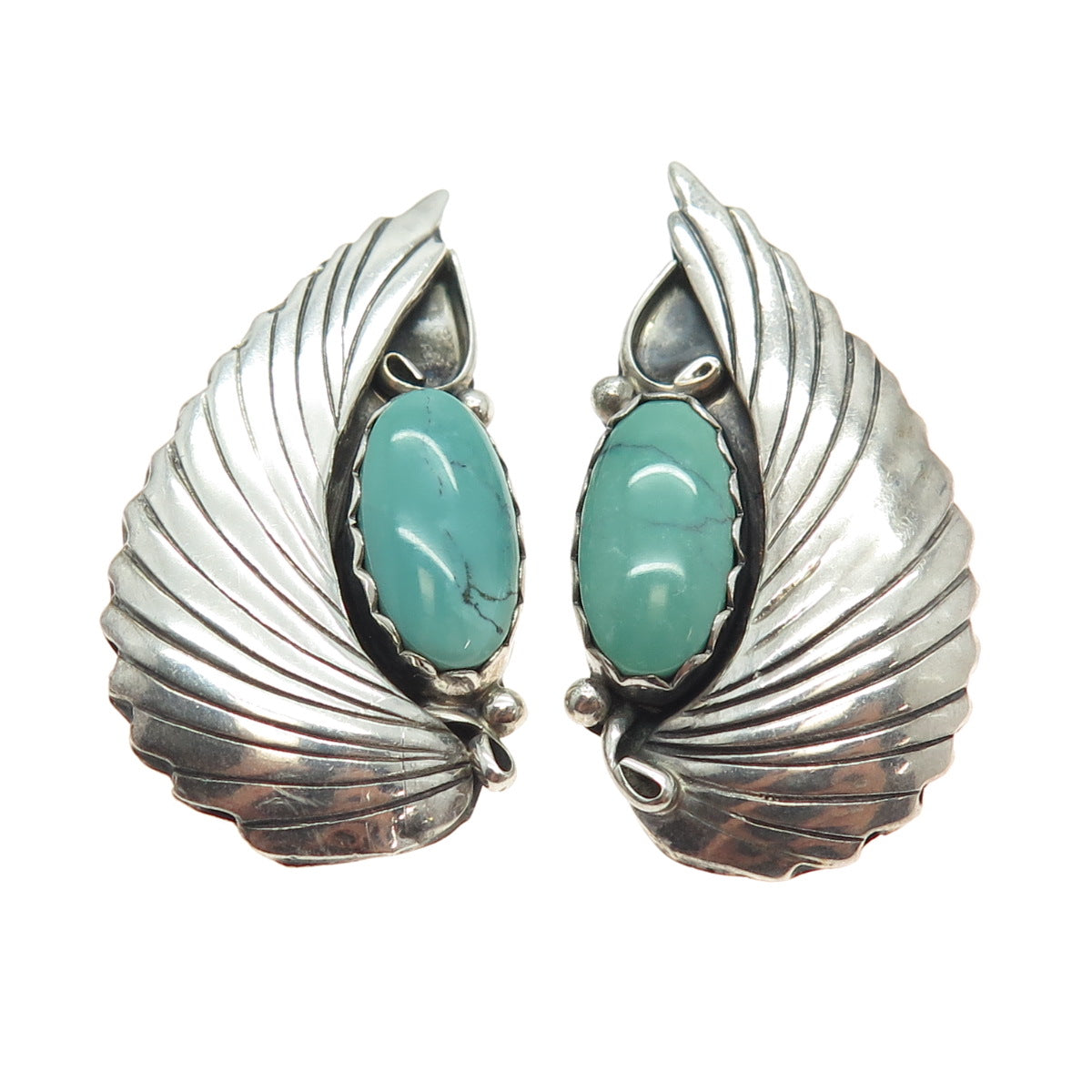 Old Pawn 925 Sterling Silver Vintage Mountain Turquoise Feather Clip On Earrings