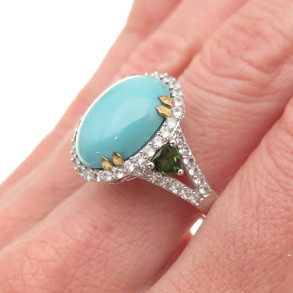 925 Sterling Silver 2-Tone Real Turquoise White Topaz & Peridot Ring Size 8.25