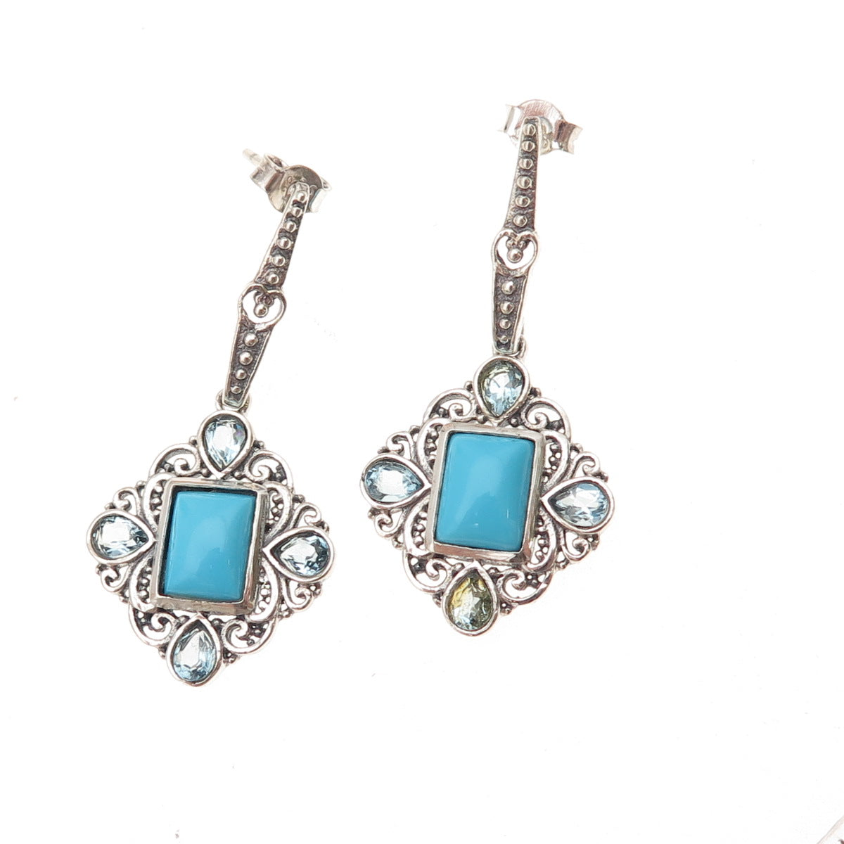925 Sterling Silver Vintage Real Turquoise & Blue Topaz Dangle Earrings