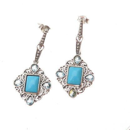 925 Sterling Silver Vintage Real Turquoise & Blue Topaz Dangle Earrings