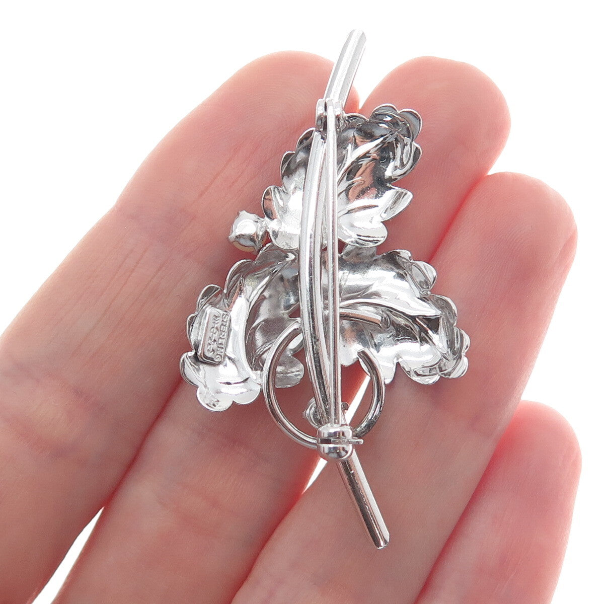 CARL ART 925 Sterling Silver Antique Art Deco Real Pearl Floral Leaf Pin Brooch