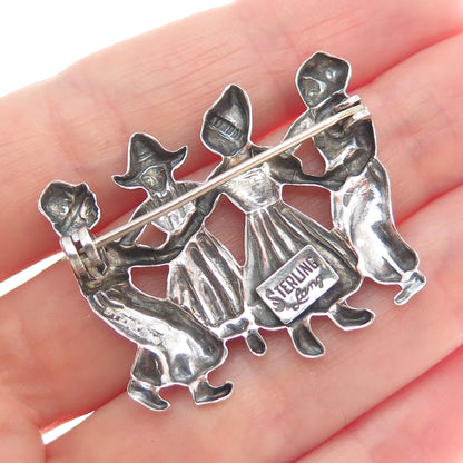 LANG 925 Sterling Silver Vintage Dutch Folklore Dance Scene Oxidized Pin Brooch