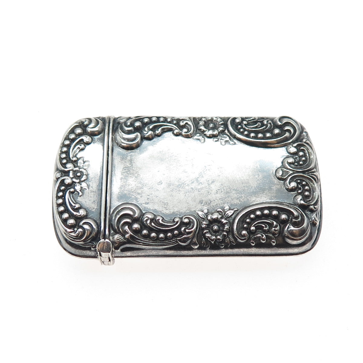 925 Sterling Silver Antique Art Deco Floral Repousse Oxidized Vesta Match Case