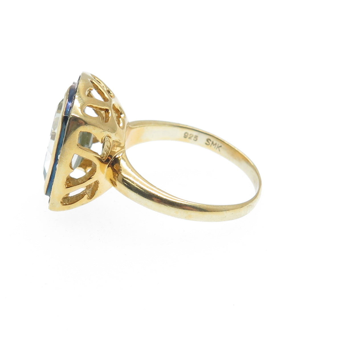 925 Sterling Silver Gold Plated Real Diamond & Green Amethyst Ring Size 7.75